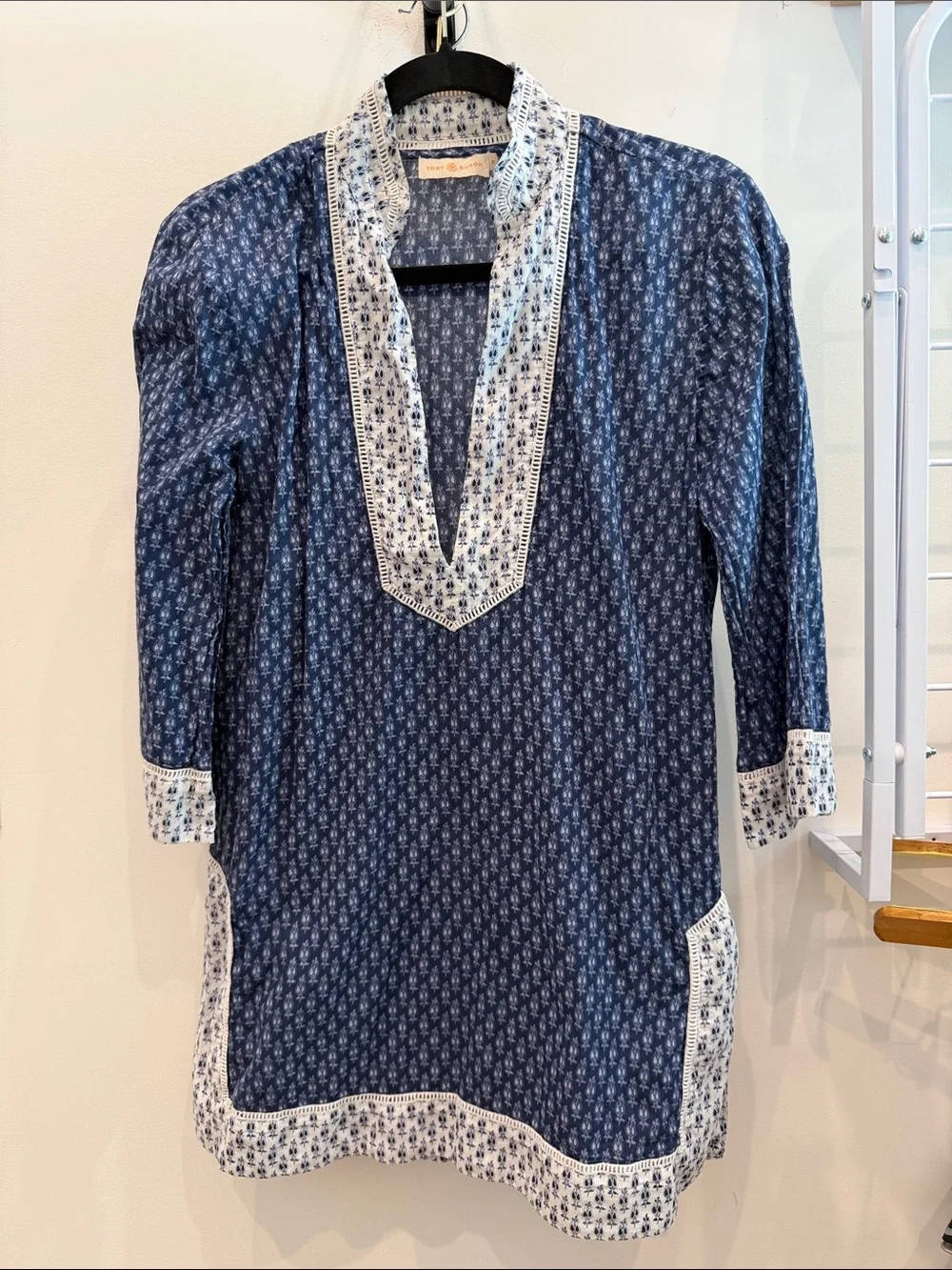 Tory Burch Navy Blue Printed Tunic with White Contrast Trim